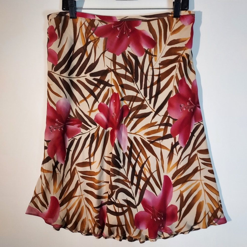 Peter Nygard Sz 12 Pink Flowers 100% Silk Flare Skirt Tan Brown Side Zip Lined